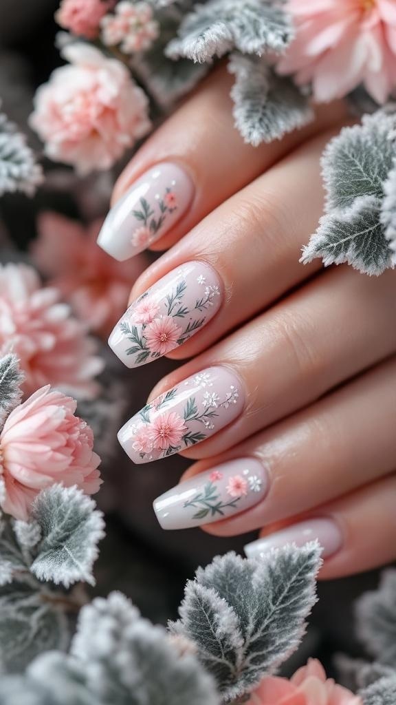 Winter nail designs featuring floral patterns with roses and snow elements