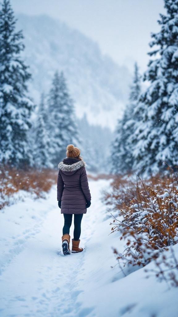 A woman walking in a snowy landscape wearing a warm coat and leggings.