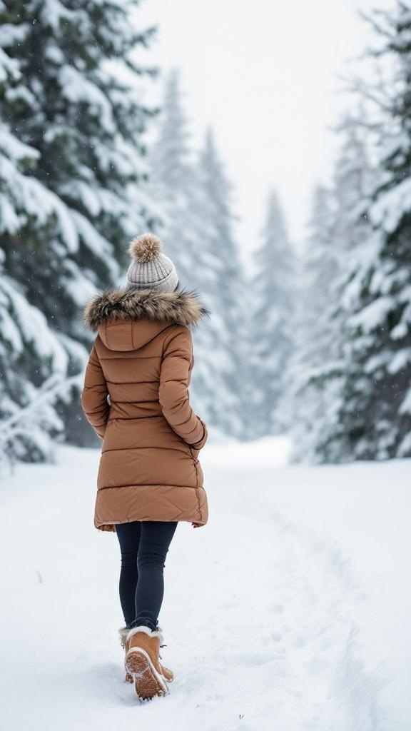 A person walking in a snowy forest wearing a brown puffer coat, black leggings, and Ugg boots, with snow falling around.