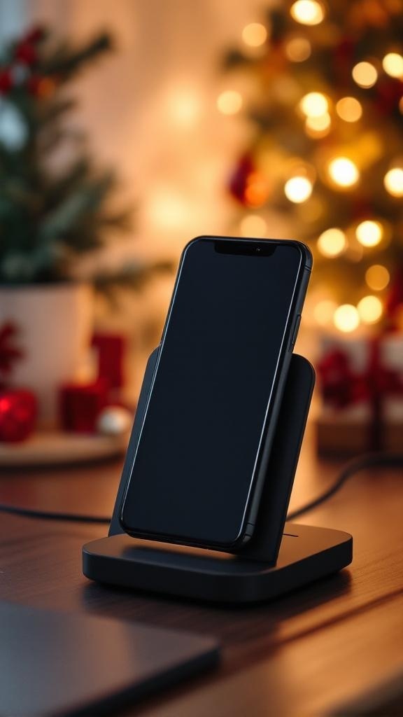 A wireless charging dock with a smartphone on it, set against a festive background with holiday lights.