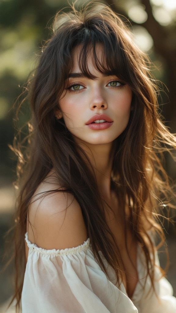 A woman with long hair and wispy curtain bangs, showcasing a soft and relaxed hairstyle.
