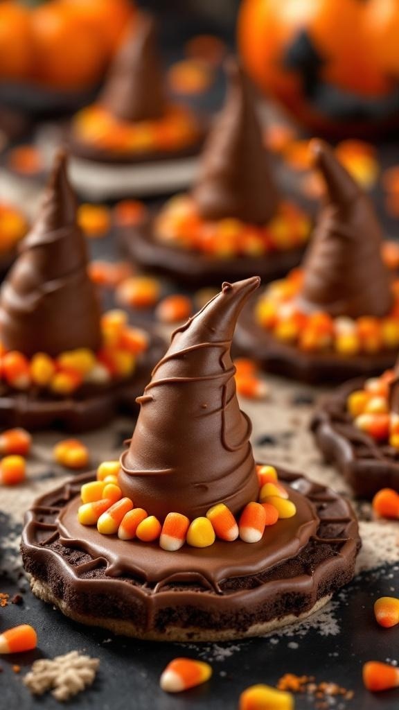 A plate of Witch Hat Cookies decorated with chocolate and candy corn.