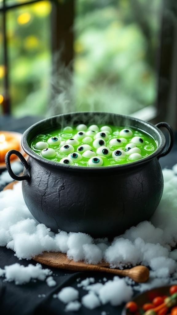 A cauldron filled with green punch and eyeball candies, surrounded by spooky decorations.