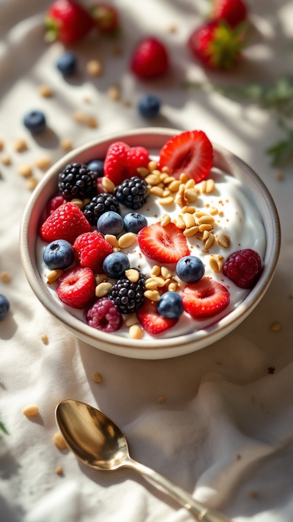 A bowl of yogurt topped with mixed berries and nuts, served with a spoon