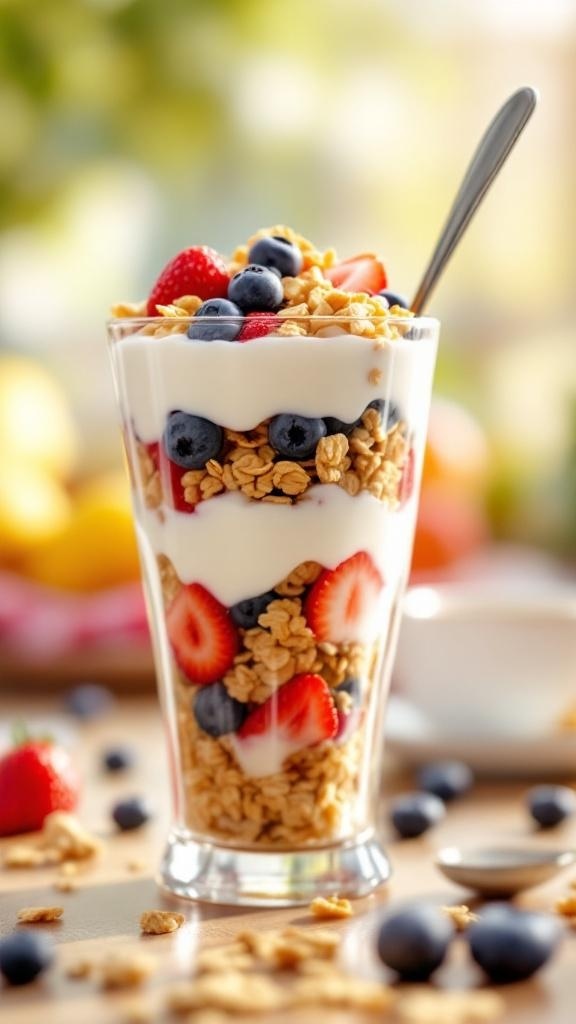 A delicious fruit and yogurt parfait with layers of yogurt, granola, and berries.