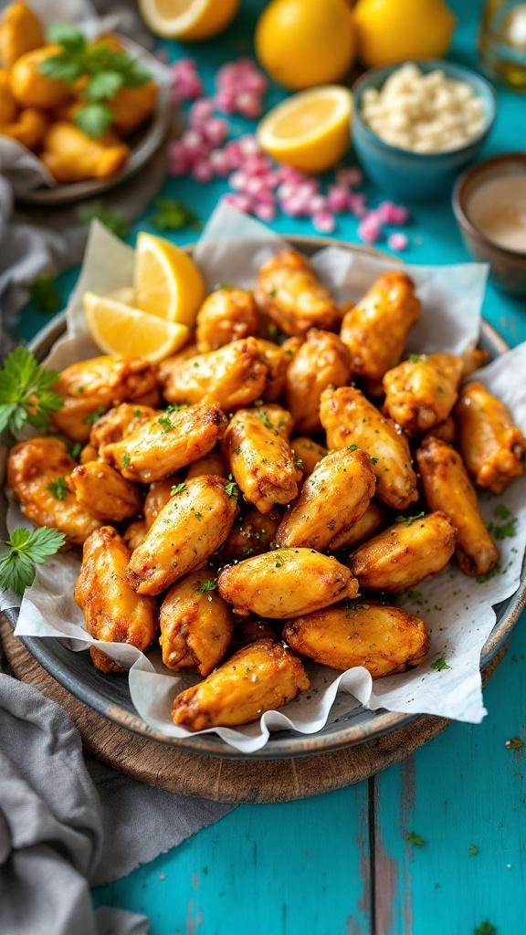 A plate of crispy lemon garlic chicken wings garnished with parsley and lemon wedges.