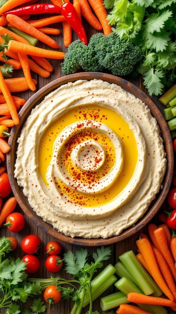 A bowl of hummus surrounded by colorful vegetable sticks including carrots, celery, and bell peppers.