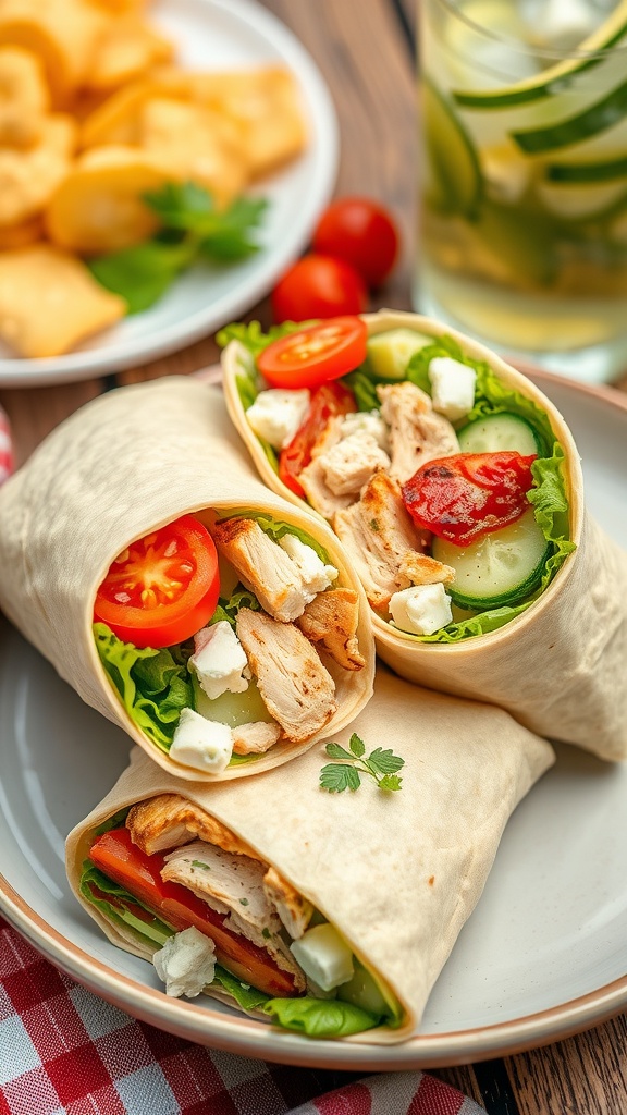 Two Mediterranean wraps filled with grilled chicken, lettuce, tomatoes, and cucumbers on a plate.
