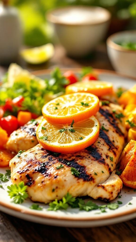 Grilled chicken breasts garnished with orange slices and herbs on a plate