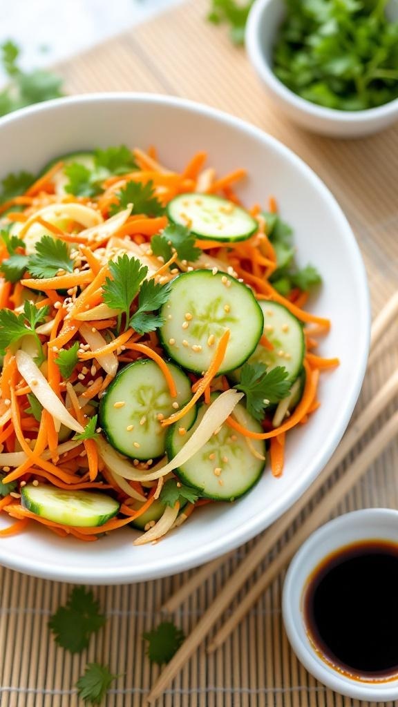 A bowl of Zesty Asian Cucumber Salad with cucumbers, carrots, and cilantro.