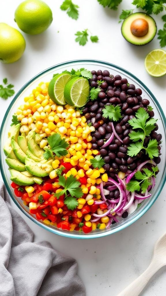 A colorful Zesty Avocado and Black Bean Salad with corn, red bell pepper, and lime.
