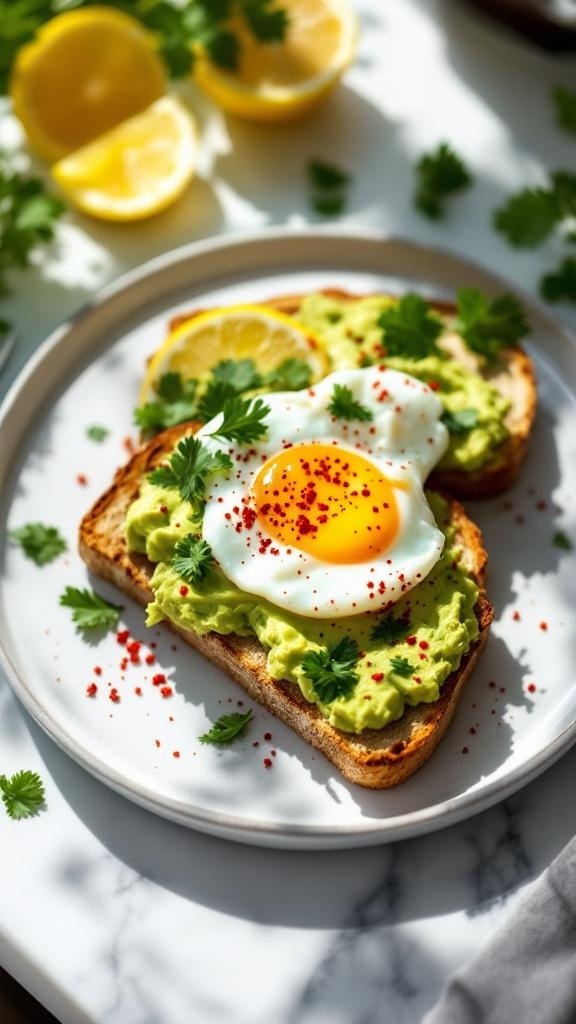 Zesty avocado toast with poached eggs, garnished with cilantro and lemon slices.