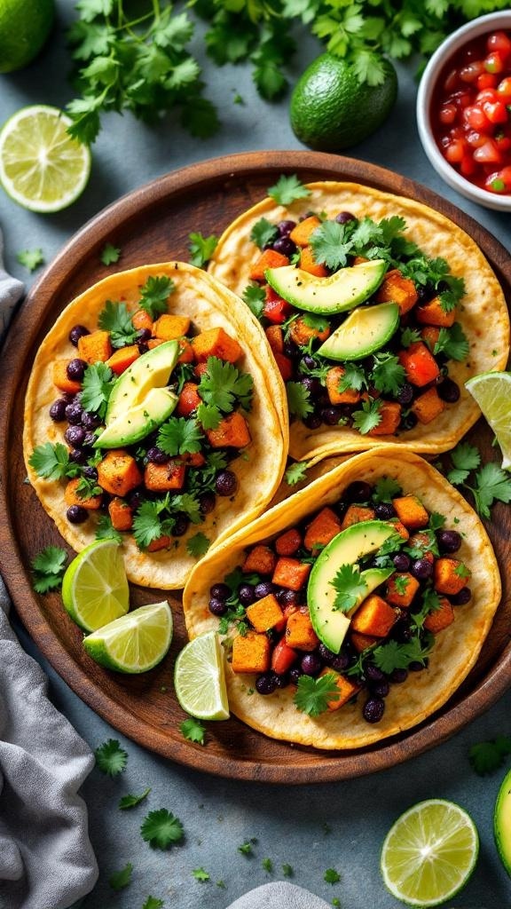 Zesty Black Bean and Sweet Potato Tacos on a wooden plate with lime and cilantro