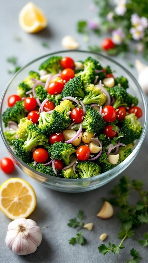 A vibrant bowl of zesty broccoli salad with cherry tomatoes, red onion, and garlic dressing, garnished with parsley.