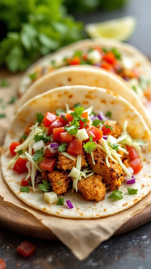 Three zesty chicken tacos filled with cabbage slaw, tomatoes, and cilantro on a wooden plate.