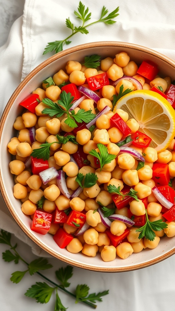 A colorful bowl of zesty chickpea salad with red bell peppers, onions, and parsley.