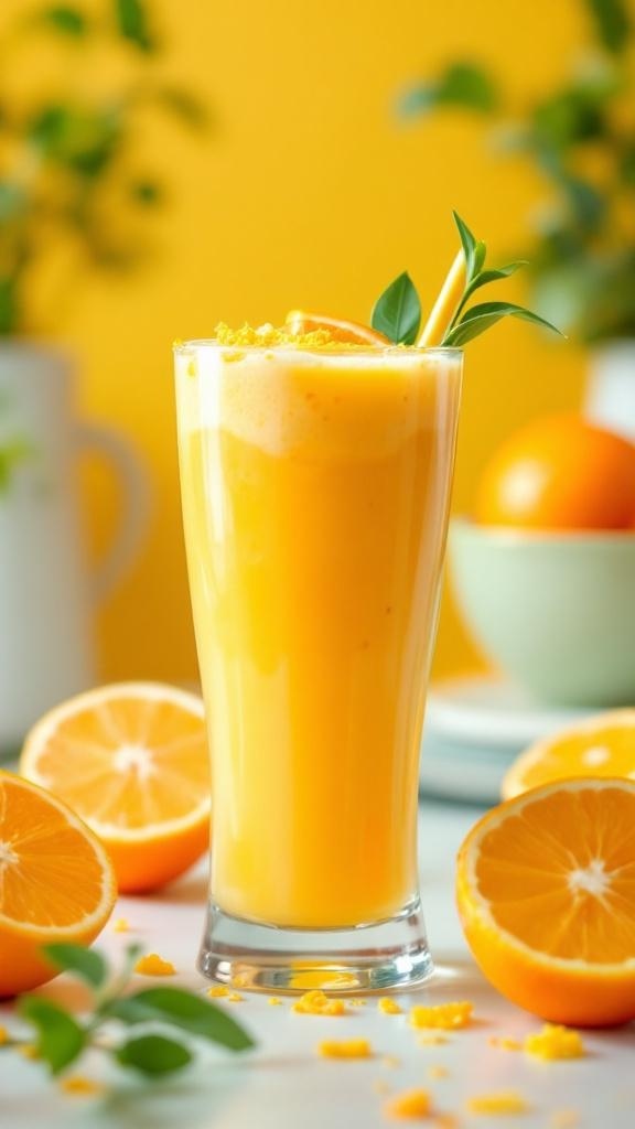 A refreshing Zesty Citrus Smoothie in a tall glass, surrounded by fresh oranges and a bright yellow background.