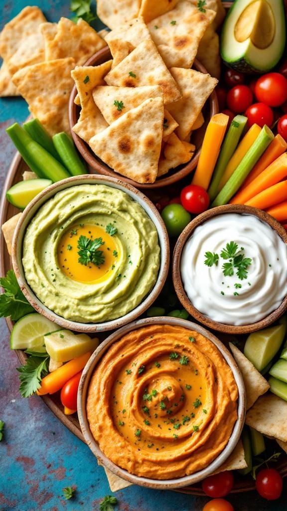 A colorful platter with three dips: avocado, hummus, and yogurt, surrounded by pita chips and fresh vegetables.