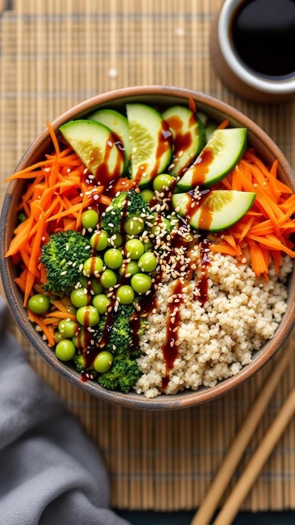 A colorful Zesty Edamame and Quinoa Bowl with fresh vegetables and a tangy dressing.