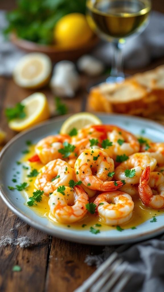 Plate of garlic butter shrimp garnished with parsley and lemon slices