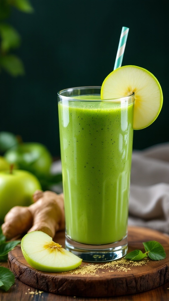 A vibrant green smoothie made with green apples and ginger, served in a glass with a slice of apple and a straw.