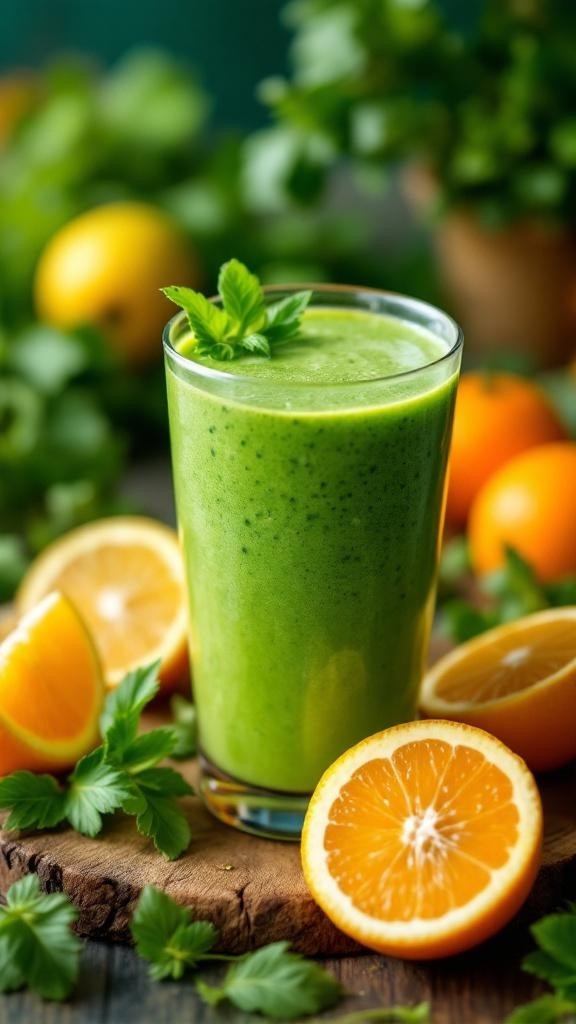 A refreshing green citrus smoothie in a glass, surrounded by fresh oranges and mint leaves.