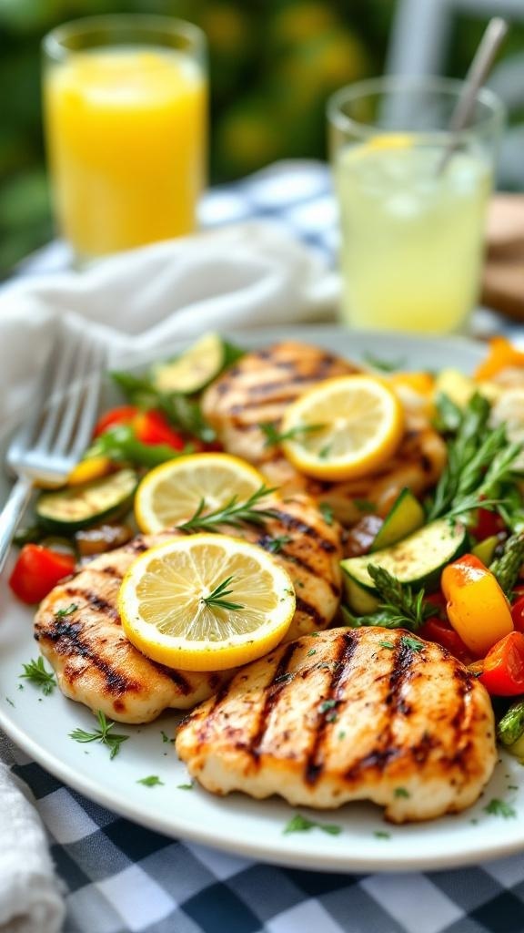 Grilled lemon herb chicken served with vegetables and lemon slices
