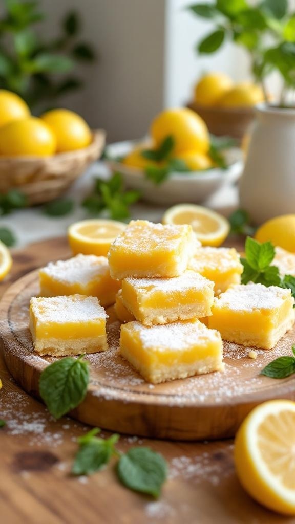 Delicious lemon bars with a buttery crust, garnished with mint leaves and surrounded by fresh lemons.