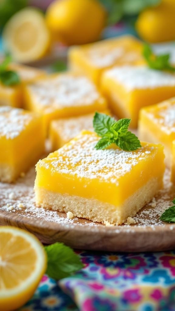 Delicious lemon bars topped with powdered sugar and mint leaves, surrounded by fresh lemons.