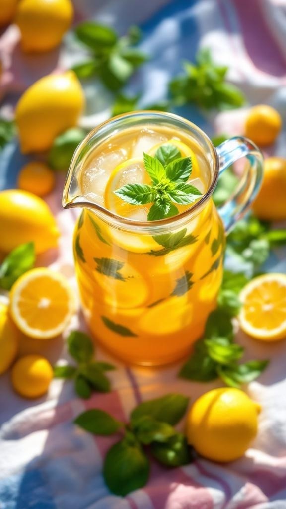 A pitcher of zesty lemon basil iced tea surrounded by fresh lemons and basil leaves.