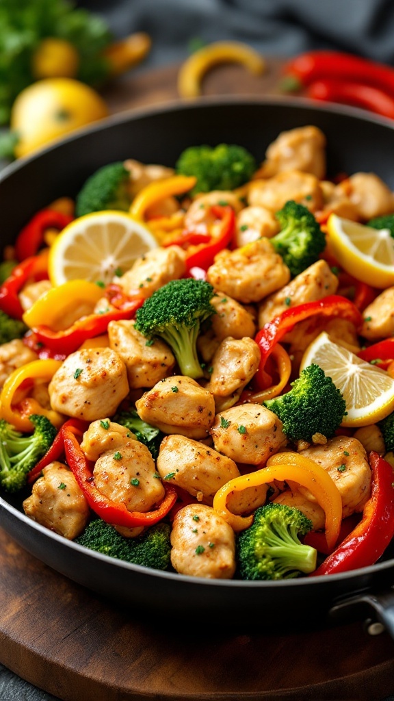 A colorful stir-fry featuring chicken, broccoli, and bell peppers with lemon slices.