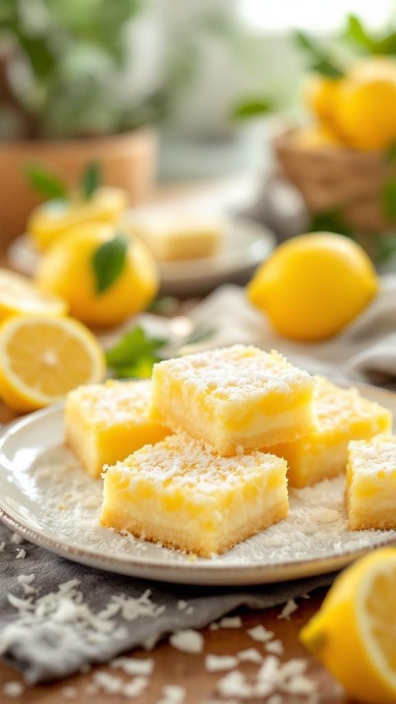 A plate of Zesty Lemon Coconut Bars surrounded by fresh lemons and coconut flakes.