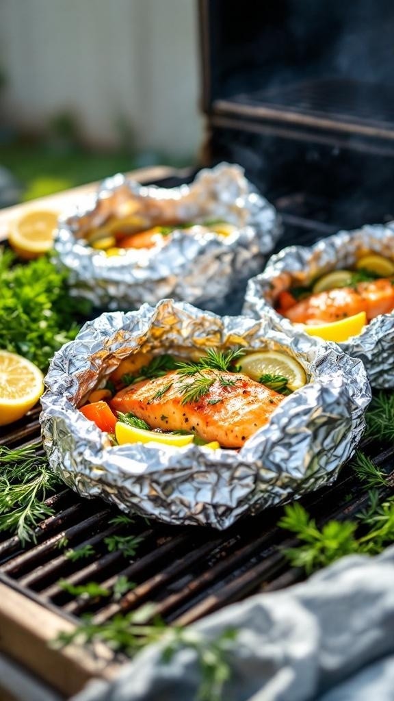 Salmon fillets with vegetables in foil packets on a grill