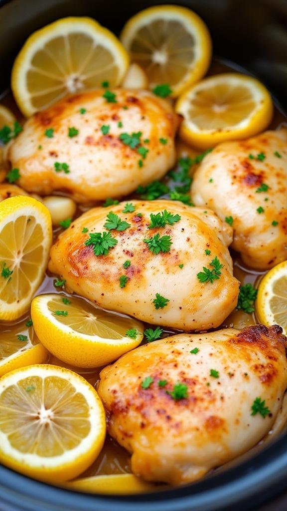 Crockpot Zesty Lemon Garlic Chicken with lemon slices and parsley