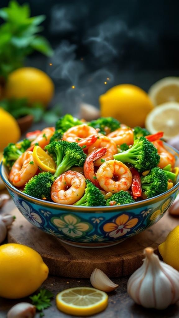 A colorful bowl of lemon garlic shrimp and broccoli stir-fry with fresh ingredients.