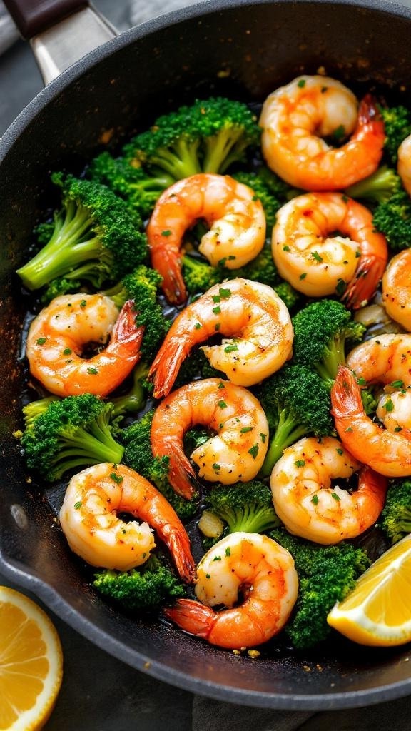 A skillet filled with cooked shrimp and broccoli, garnished with lemon slices.
