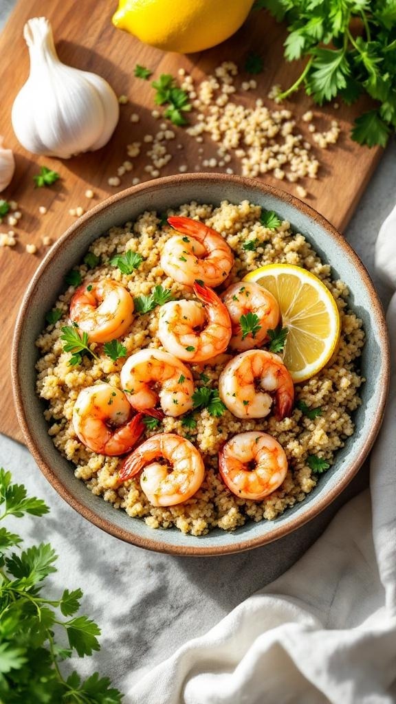 A bowl of zesty lemon garlic shrimp served over quinoa, garnished with parsley and lemon slices.