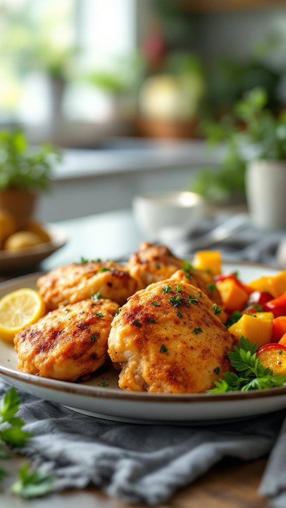 Plate of Zesty Lemon Herb Chicken Thighs with colorful vegetables