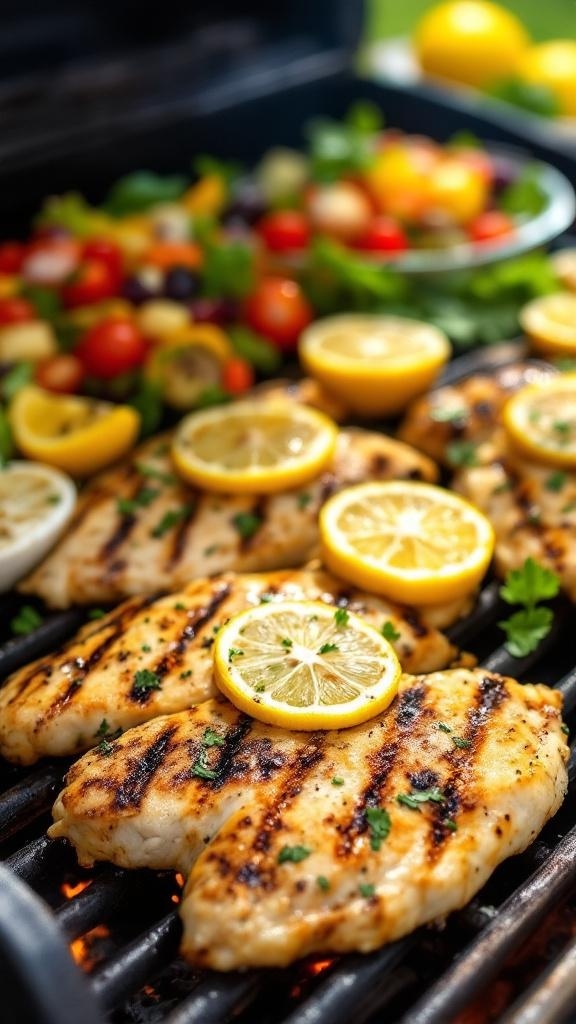 Grilled chicken breasts with lemon slices on a grill, surrounded by fresh vegetables.