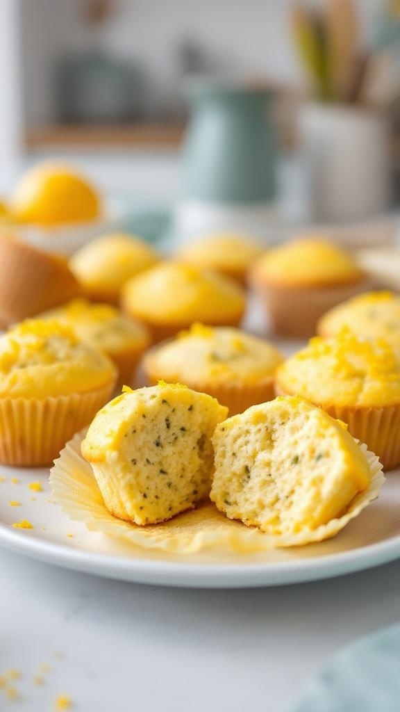 A plate of zesty lemon poppy seed muffins, some whole and some cut in half, showcasing their fluffy texture.