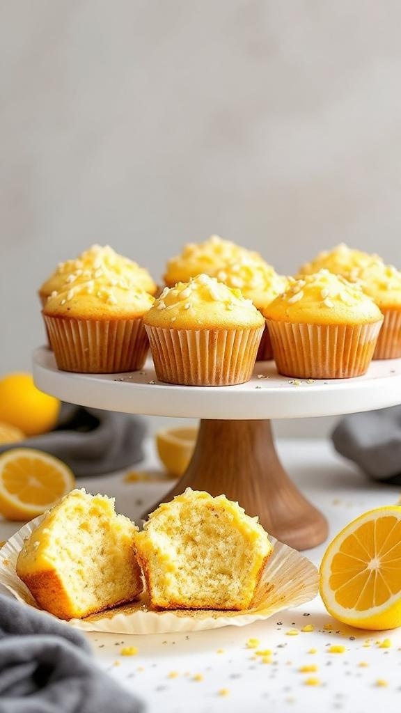 Zesty Lemon Poppy Seed Muffins on a cake stand with lemon slices