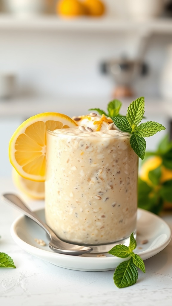 A glass of zesty lemon poppy seed overnight oats garnished with lemon slices and mint leaves.