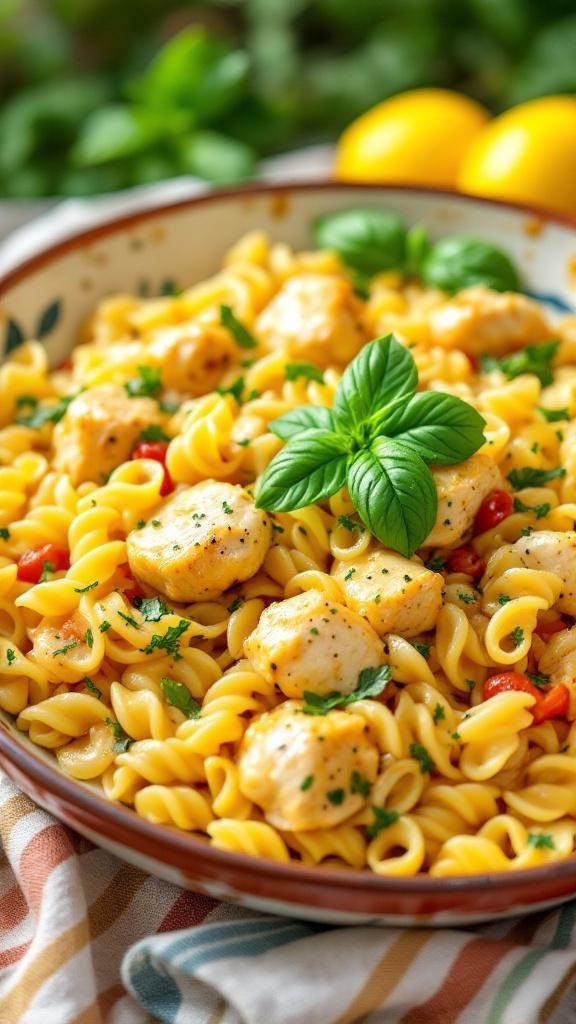 A bowl of zesty one-pot lemon basil chicken pasta garnished with fresh basil.