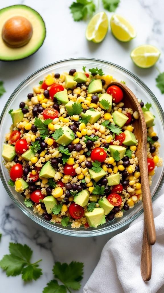 A colorful bowl of zesty quinoa salad with avocado, black beans, corn, and cherry tomatoes, garnished with cilantro and lime wedges.