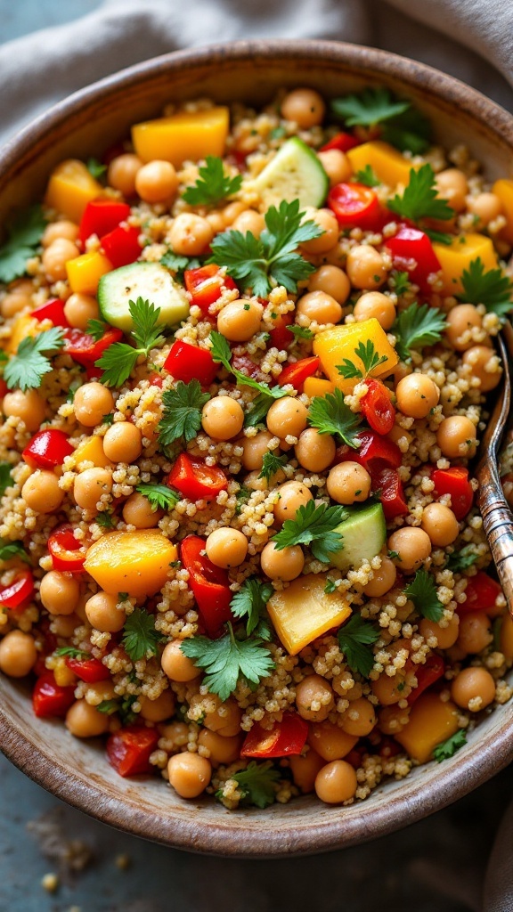 A vibrant quinoa salad featuring chickpeas and colorful vegetables.