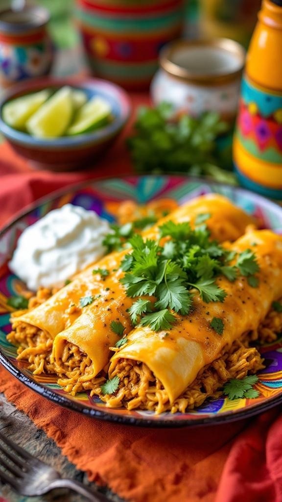 Plate of zesty shredded chicken enchiladas topped with cheese and cilantro, served with lime wedges and sour cream.