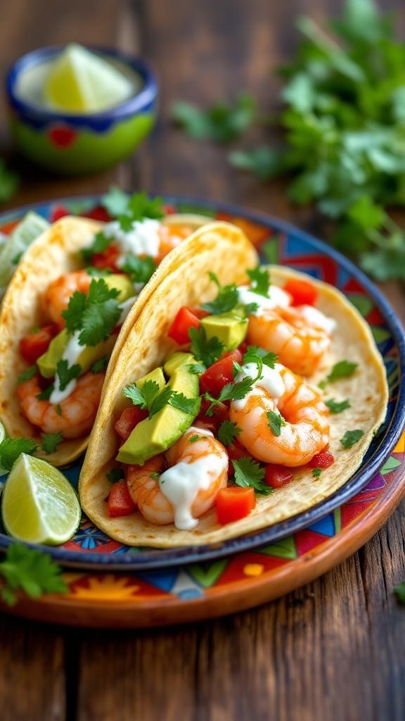 Zesty shrimp tacos with avocado crema, topped with cilantro and diced tomatoes, served on a colorful plate.