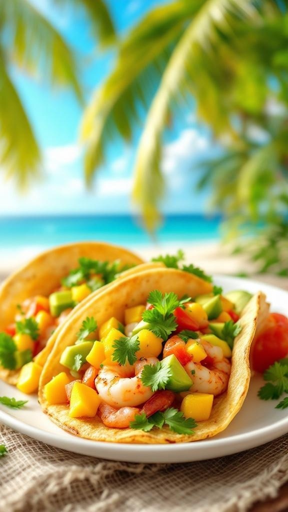 Delicious shrimp tacos topped with mango salsa and fresh cilantro, set against a tropical beach backdrop.