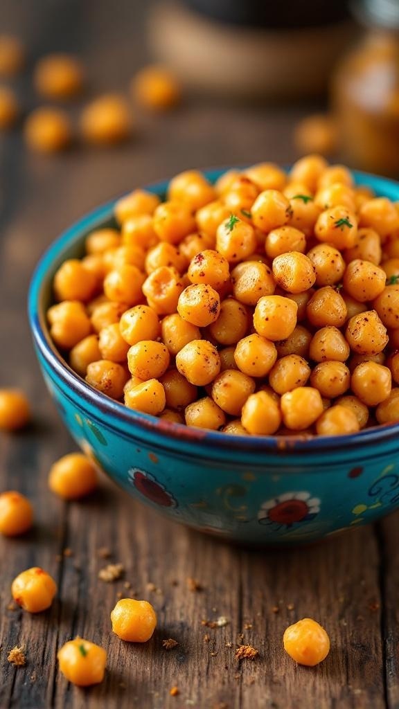 A bowl of roasted chickpeas seasoned with spices, placed on a wooden table.