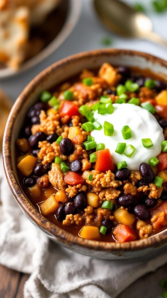 A bowl of zesty turkey and black bean chili topped with green onions and sour cream.